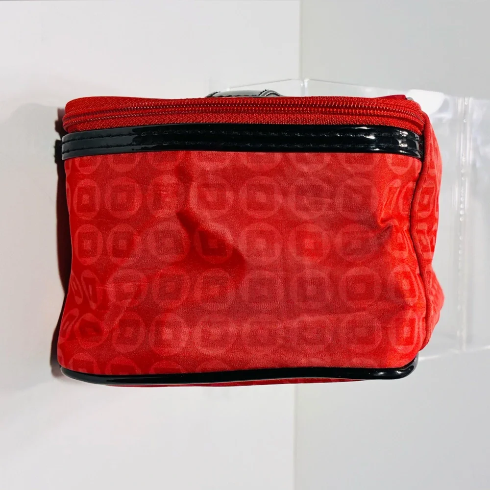 Y2K Lancôme Red Geometric Pattern Cosmetic Bag Black Patent Trim 6x7x4.5 Vintage